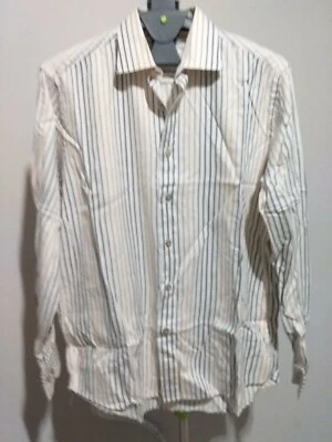BACHRACH MENS BIEGE BLACK MULTICOLOR STRIPED  100%  COTTON BUTTON SZ L  - Image 1 of 4