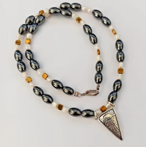 Sterling Silver Bird Stones Necklace Hematite Pearl Modernist Artisan Men Women - Picture 1 of 16