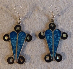 Alpaca Mexico Inland Turquoise Onyx Silver Dangle Vintage Earrings Blue Drop - Picture 1 of 5