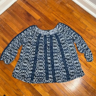 NEW Lucky Brand Top Womens M Blue White Floral Crochet Lace Boho Peasant Flowy - Image 1 of 4