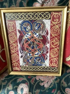 BEAUTIFUL COMPLETED FRAMED TAPESTRY NEEDWORK, PROFESSIONAL FRAMED, MEDIEVAL LOOK - Picture 1 of 4