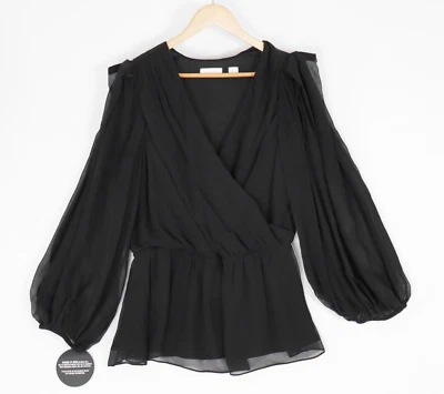 sass & bide Womens Silk Top Size 14 Black Rippled Chiffon Long Balloon Sleeve - Image 1 of 4