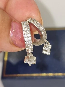 White Gold Plated Drop Hoop Earrings Real Cubic Zirconia Crystal Fine Jewellery - Picture 1 of 7