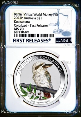 2021 Berlin Show Virtual WMF Australia Kookaburra Silver NGC MS70 1oz $1 Coin FR - Image 1 of 4
