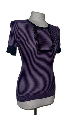 Sonia Rykiel Top Womens Small Black Purple Hoop Frilled Bib Stretch Round Neck - Image 1 of 4