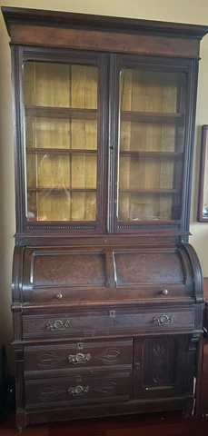 Antique Victorian Walnut Cylinder Secretary Desk Bookcase Cover