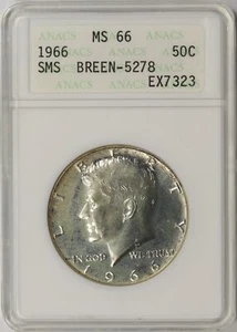 1966 SMS "No FG" Kennedy Half Dollar 50c ANACS MS66 Small Slab Breen 5278 FS-901 - Picture 1 of 4