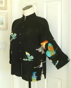Zitrone Santa Monica 100 % Seide schwarz geprägt + künstlerische Schmetterlinge Mandarine Top S M - Bild 1 von 22