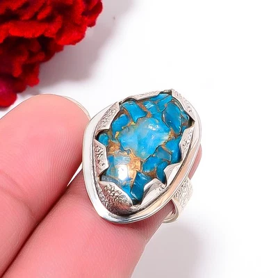 Anillo de plata de ley 925 hecho a mano de diseñador turquesa azul cobre S.7.5 R97820 Foto 1 de 4