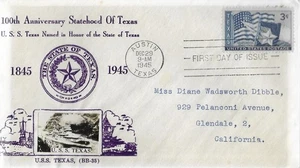 1945 FDC, #938, 3c Texas Centennial, Crosby M-37 - Picture 1 of 2