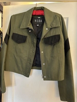 Veda Heavy Cotton Leather Accents Cropped Military Jacket L Fits M nwot - Image 1 of 4