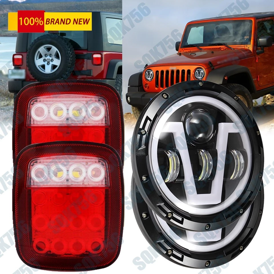 For Jeep Wrangler TJ 97-06 7" Led Headlights + Tail Lights Brake Lamp Combo Kit - Image 1 of 4