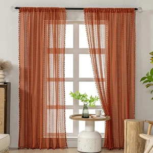 Naranja Quemado Cortinas Transparentes 84 Pulgadas Largo Varilla Bolsillo Algodón Crochet Encaje Boh... - Imagen 1 de 9