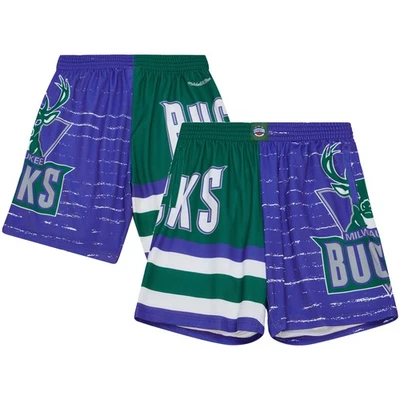 Men's Mitchell & Ness Purple/Hunter Green Milwaukee Bucks Jumbotron 3.0 Shorts - Image 1 of 3