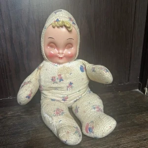 Vintage Cloth Doll With Plastic Face 16” Sleeping Baby Doll Heavily Soiled - Picture 1 of 8