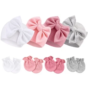 Newborn Baby Hats and Mittens Set Infant Bow Beanie Cap Gloves Newborn Hospit... - Picture 1 of 7