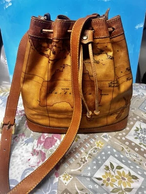 Bolso de Mano ALVIERO MARTINI 1A CLASSE BRONCEADO Hecho en Italia Cuero Tostado Mapa Lona Foto 1 de 4