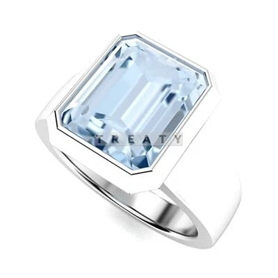 Piedras preciosas de aguamarina talla esmeralda con anillo de plata de ley 925 para hombre #B849 Foto 1 de 4