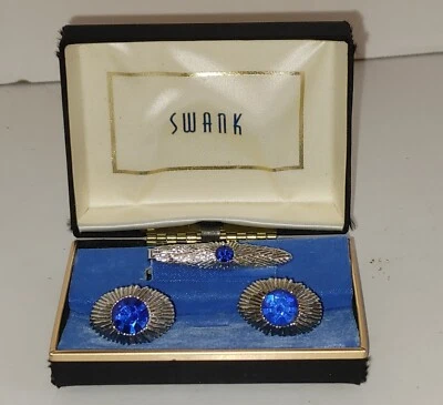 Juego de Gemelos Swank con Clip de Corbata en Caja Vintage Cristal Azul en Tono Plateado Foto 1 de 4