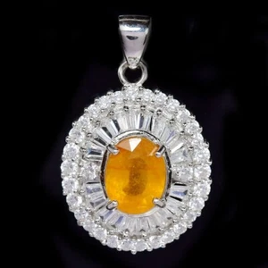 925 STRLING SILVER PENDANT NATURAL YELLOW SAPPHIRE OVAL & WHITE CZ GEMSTONE - Picture 1 of 8