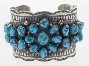 Natural Kingman Turquoise Cluster Bracelet By Navajo Artist Andy Cadman - Picture 1 of 4