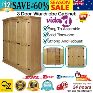 3 Door Wardrobe Cabinet Bedroom Wooden Clothes Storage Organiser Shelves Large - Picture 1 of 13