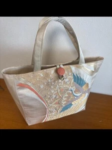 Handgefertigte japanische antike Seide Obi Beuteltasche Tasche Gold mit Kranich Stickerei SCHÖN - Bild 1 von 6