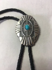 IVAN SOLID BRASS Bolo Tie Shield Silver Tone with Blue Stone - Picture 1 of 9