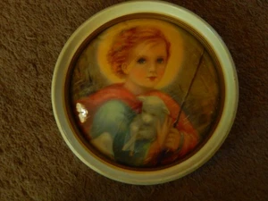 Antique "Young Jesus With Lamb Scene" Color Lithograph Round Convex Glass /Frame - Picture 1 of 16