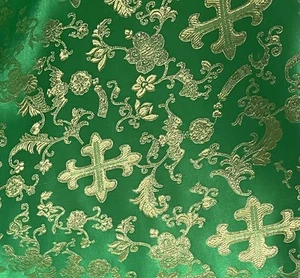 Kelly Green Gold Metallic Church Cross Brocade Fabric 60” Width Sold By The Yard - Picture 1 of 4