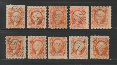 Scott # R6c, Used, 2¢ Bank Check, Better Manuscript Cancels, 10 Different - Image 1 of 2