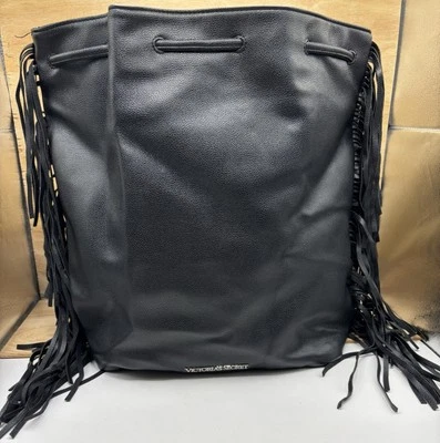Victoria's Secret Black Fringe Drawstring Backpack Faux Leather  - Image 1 of 4
