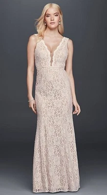 David's Bridal Wedding Dress - DB Studio - Ivory Lace, Deep V, Sheath - Size 12 - Image 1 of 4