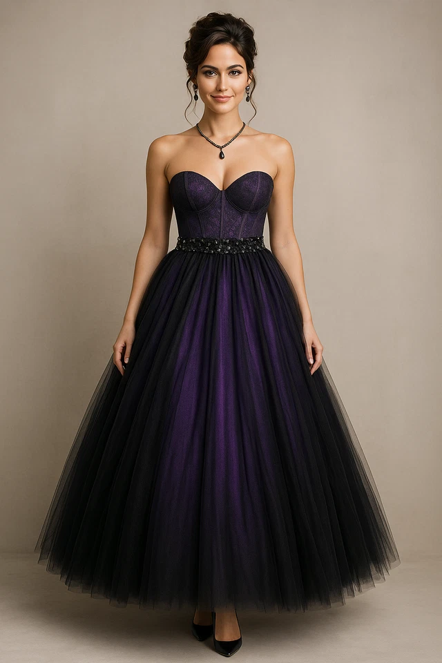 Flirt Maggie Sottero Ball Gown Womens 0 Purple Black Strapless Tulle Whimsigoth - Image 1 of 4
