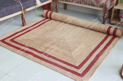 Boho Jute Area Rug , Hand Braided Rug In Beige & Red Double Border Square Rugs - Image 1 of 4