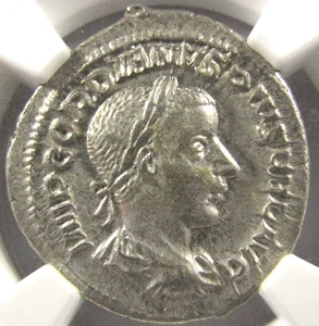 NGC Ch XF, Gordian III, 238-244 AD, AR Denarius, Flan Flaw Error on Reverse - Picture 1 of 6