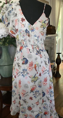 Asos  Asymmetrical Flared Ruffle Midi Tattoo Print Women Dress Sz 4 - Image 1 of 4