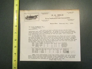 FG Held Farm Implements & Automobiles Kenyon MN 1918 invoice Letterhead 1321 - Picture 1 of 1