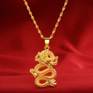 Coiled Dragon 24K Thai Baht Yellow Gold GP Filled Necklace 18 inch Jewelry - Picture 1 of 4