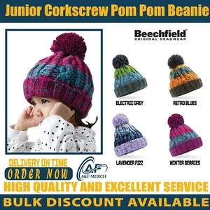 Beechfield Junior Corkscrew Pom Beanie Corkscrew Kids Bobble Hat - Picture 1 of 8