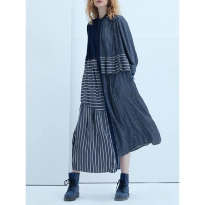 French Spring Women Retro Striped Denim Dress Loose Casual Long-sleeved Skirt - Image 1 of 4