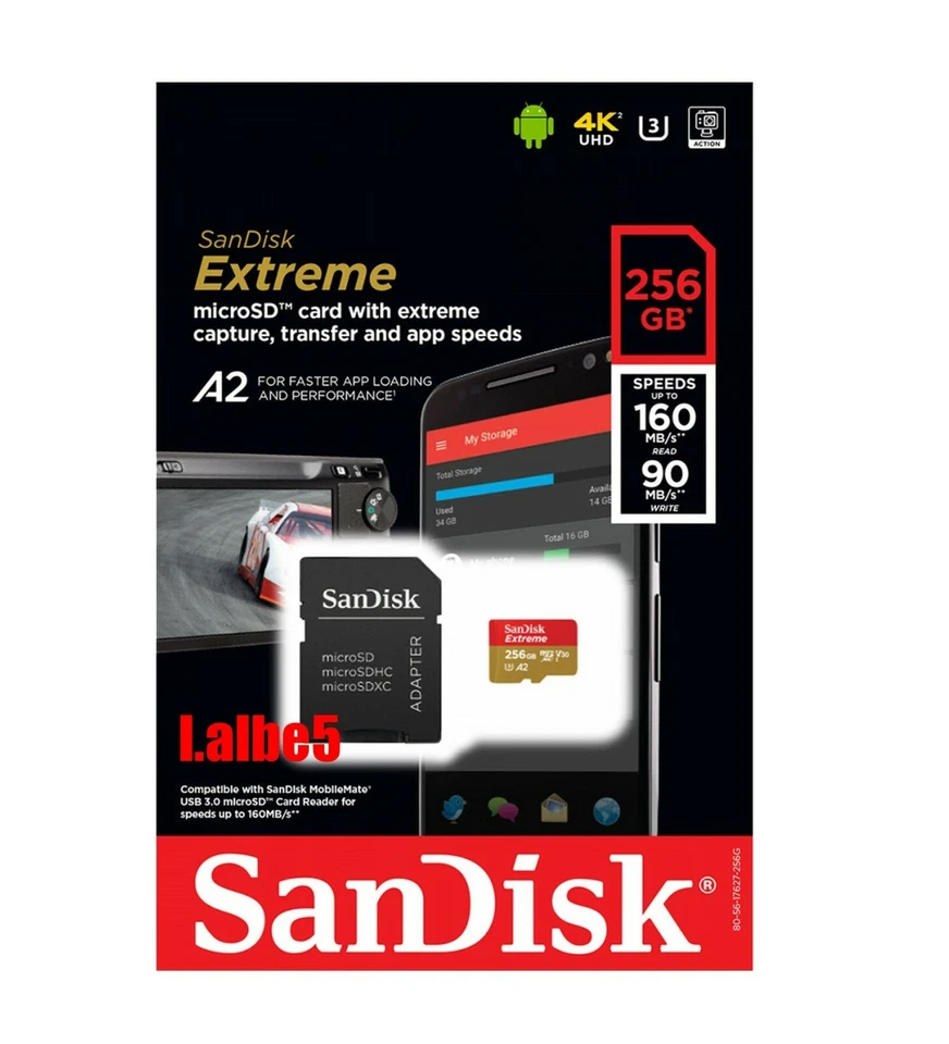 Sandisk Extreme 256GB Micro SD SDXC Memory card V30 A2 U3 4K R160/W90 - Image 1 of 1