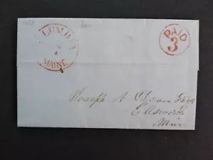 Maine: Columbia 1853 Stampless Cover Red CDS & Circled PAID 3, DPO Washington Co - Picture 1 of 3