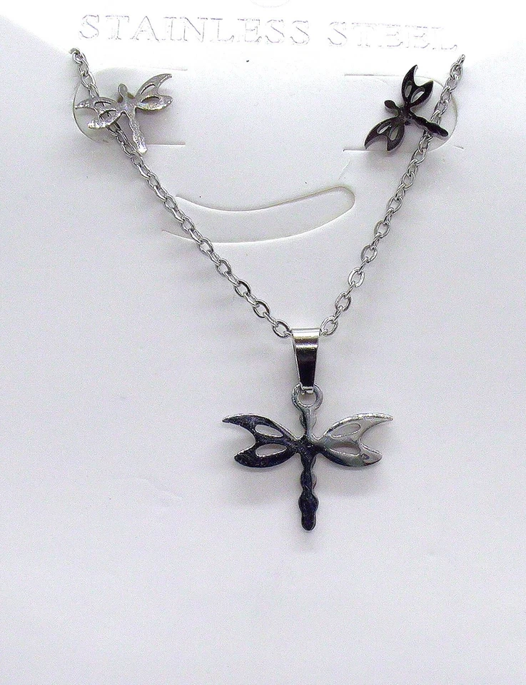 Edelstahl kette mit Ohrringen 4 Varianten Baum Herz Stern Libelle Stecker - Bild 1 von 1