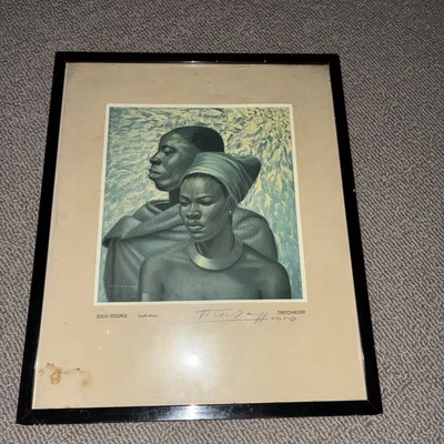Pareja zulú Tretchikoff vintage - impresión firmada a mano enmarcada de Sudáfrica Foto 1 de 3