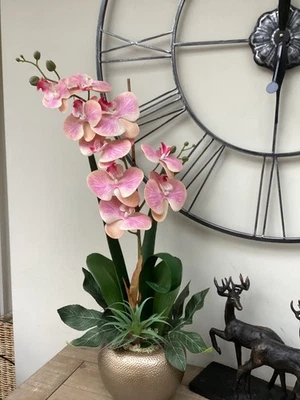 Cerise Orchidea Rosa Seta Artificiale Lusso Composizione Floreale Festa della Mamma - Immagine 1 di 4