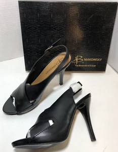 NEU IM KARTON B MAKOWSKY schwarze schwarze Sling-Pumps Leder hoher Absatz Größe 9,5 Peeptoe - Bild 1 von 5