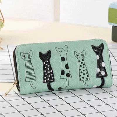 EE. UU. Mujeres Dibujos Animados Gato Cuero Cremallera Bolso sin asas Cartera Largo Portatarjetas Cartera Bolso de mano Foto 1 de 4