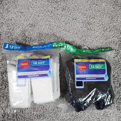 Boys Hanes Socks 12 Pair WHITE CREW 12 Pair BLACK ANKLE Shoe Size 9-2.5 NEW 24pr - Image 1 of 4