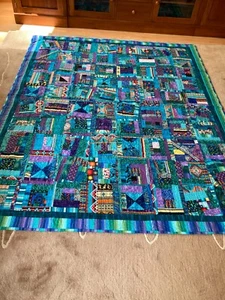 Edredón Hecho a Mano Tamaño Completo 71"x88" Azul Verde Púrpura Algodón ¡Nuevo! Cosido a máquina - Imagen 1 de 9